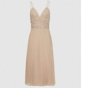 Reiss Emma pleat and lace nude midi dress size 2